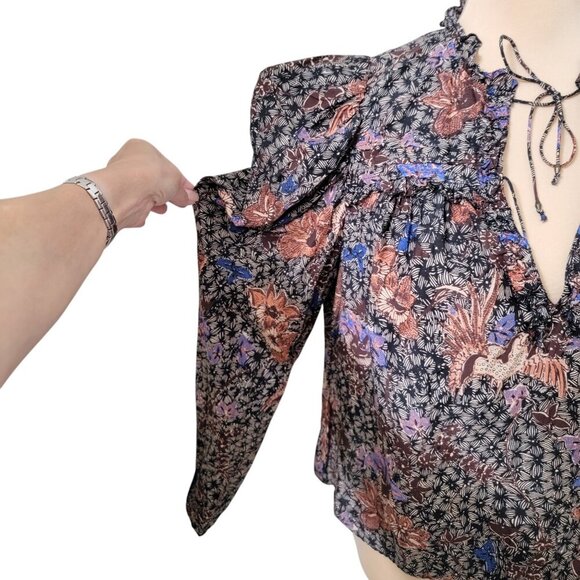 Ulla Johnson Size 0* Remy Puff Sleeve Blouse Tie Front Black Tan Sunburst - Picture 4 of 13